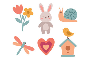 Obraz premium Spring Nature Collection with Bunny, Snail, Birdhouse, Dragonfly, and Flowers