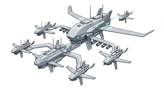 Futuristic aerial armada of advanced aircraft in a formation, ready for action.
