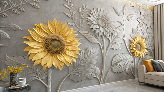 sunflower flower wallpaper on gray texture elegant mural with 3d embossed