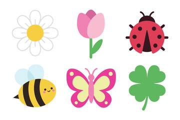 Cute Garden Insects and Floral Set with Ladybug, Butterfly, Bee, and Clover © bytaristudio