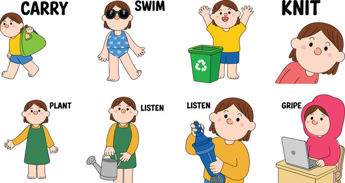 Kids daily activities vector illustration set, children actions carry swim knit plant listen recycle complain, educational verbs learning cartoon characters collection