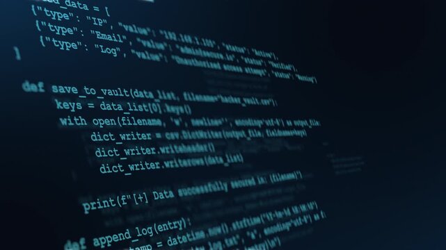 Focused complex programming code on blue computer display