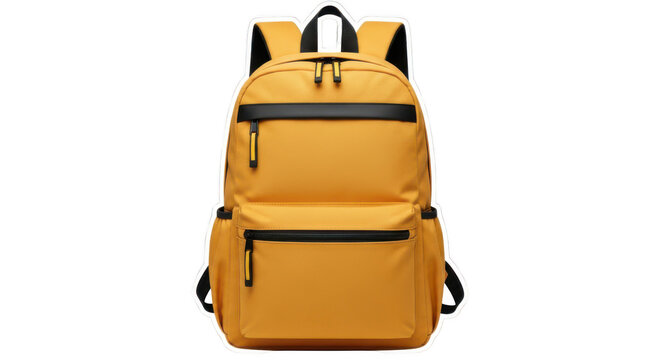 Bright yellow backpack with black straps and zippers, isolated on transparent background, ideal for school or travel, vibrant and spacious