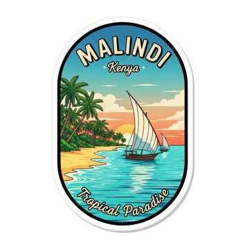 Travel sticker design inspired by Malindi, featuring tropical beaches, Swahili culture, and coastal adventure vibes.
