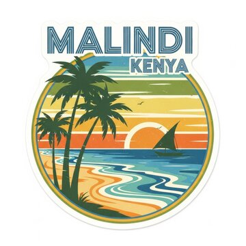 Travel sticker design inspired by Malindi, featuring tropical beaches, Swahili culture, and coastal adventure vibes.