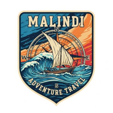 Travel sticker design inspired by Malindi, featuring tropical beaches, Swahili culture, and coastal adventure vibes.