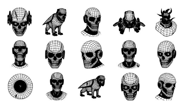 Futuristic Wireframe Brain Models AI Neural Network Scientific Vector Illustration Set
