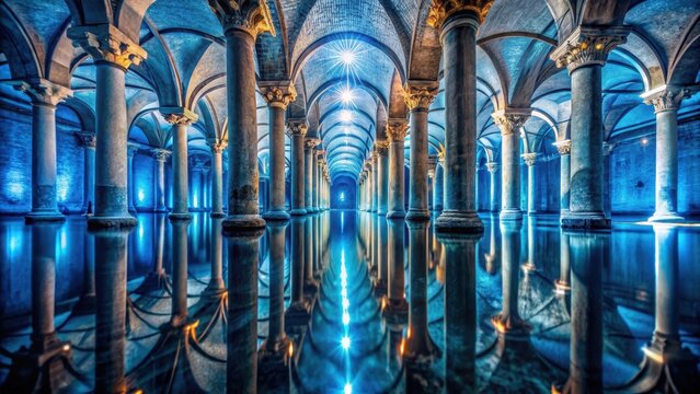 A photo of an ancient underground cistern filled with clear blue water reflecting the intricate vaulted ceiling and columns