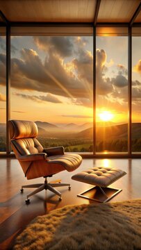 A serene living room with an Eames lounge chair facing a stunning view of the sunset over a rolling hill The warm light filters through floortoceil