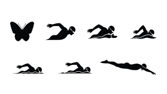 Swimming Stroke Silhouettes Set with Butterfly Icon. Diverse swimmer figures in various styles like freestyle and backstroke. Sport vector graphics.