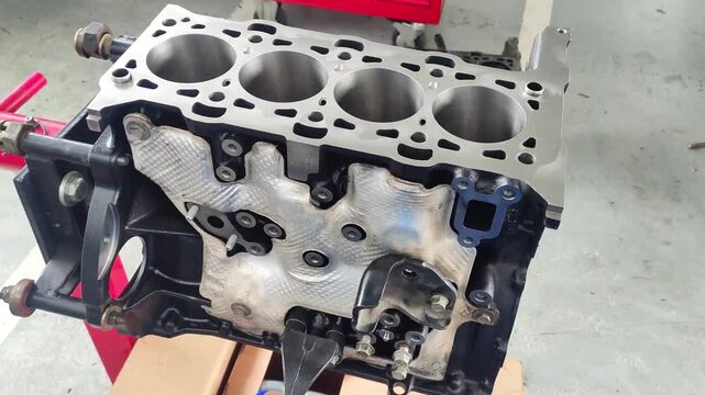 Repair of engine head and valves. Disassembled machine engine at modern auto service.  Auto mechanic working on car engine in mechanics garage. the cylinder block.