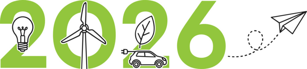 Green 2026 innovation concept with wind turbine electric car light bulb eco technology sustainability and paper plane vector illustration © MdAbuSayed