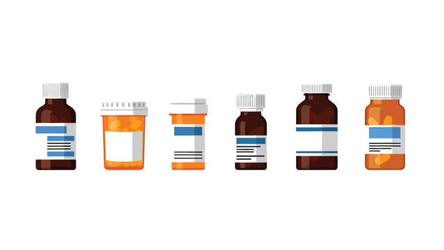 Flat vector illustration of various medicine and pill bottles with blank labels, isolated on white background