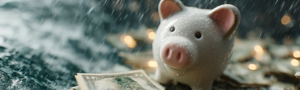 Piggy Bank Amidst Monetary Avalanche: A porcelain piggy bank stands steadfast amidst a cascade of banknotes. Evoking the values of saving, financial stability, and prudent money management.