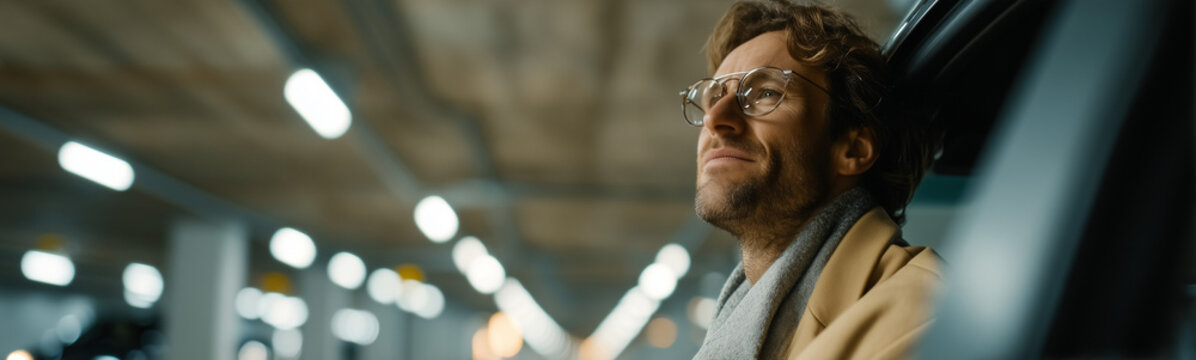 Contemplative Traveler: A focused individual, wearing glasses and a trench coat, pauses in a sleek, modern architectural space, seemingly immersed in thought.
