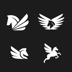Fototapeta premium Pegasus Logo Collection Set. Four Different Stylized Winged Horse Vector Designs on Black Background. Mythical Creature Symbol Graphics.