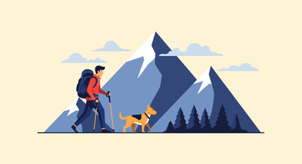 Fototapeta premium Man And Dog Hiking Through Snowy Mountain Landscape