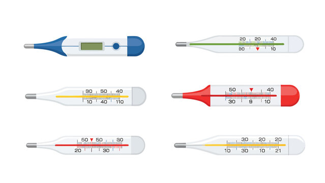 Medical Thermometers Set: Digital and Analog for Body Temperature, Health, and Fever Measurement. Flat Vector Illustration.