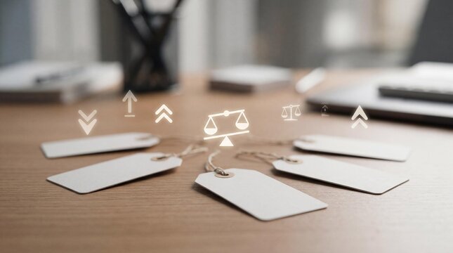 Blank price tags on a wooden desk with icons representing pricing and comparison