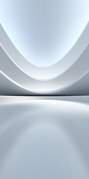 Artistic curved form reflected on smooth, clean floor. White gray tone with vertical composition. Modern architecture and contemporary design. Perfect as product display background for branding.