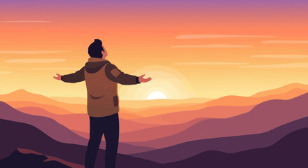 Fototapeta premium Man Embracing Dawn's Radiance Over Serene Mountain Peaks