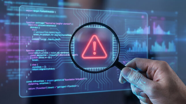 Magnifying glass focuses on glowing red warning icon above servers and network hardware, conveying cybersecurity threat detection, network monitoring, incident response, digital risk analysis high-tec