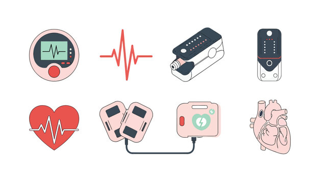 Heart Health & Cardiology Medical Devices Set: ECG, Pulse Oximeter, Defibrillator, Anatomical Heart Icons