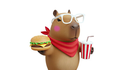 Naklejka premium Capybara with Glasses Holding Burger and Drink