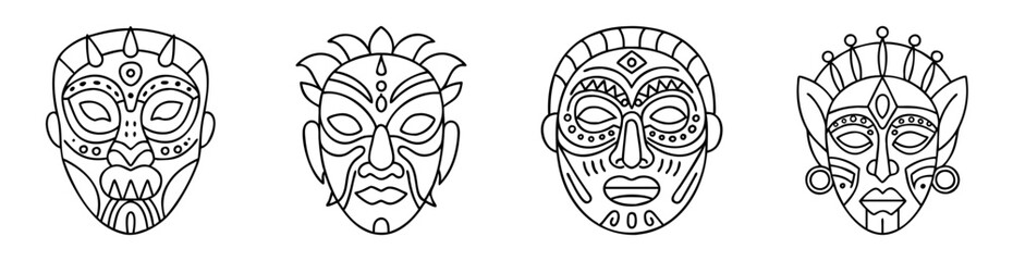 Obraz premium Set of four tribal masks with varying designs and patterns in black and white
