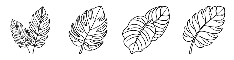 Obraz premium Assorted stylized botanical illustrations of leaves in black and white coloring page