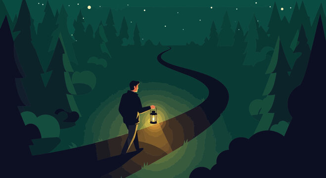Man Illuminates Forest Path With Lantern Under Starry Night Sky