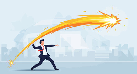 Obraz premium Man In Suit Throws Fiery Projectile Over City Skyline