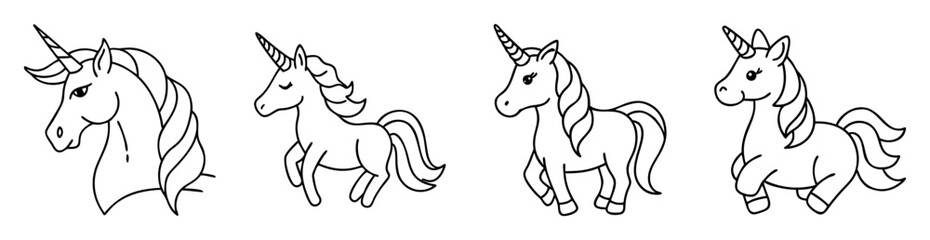Fototapeta premium Four cute unicorn line art drawings in varying poses and expressions