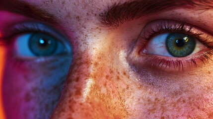 Naklejka premium A close-up portrait of a person's face with a unique colorful effect on their eye and skin