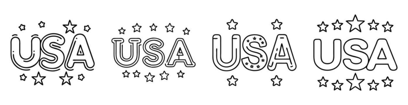 USA in outline text with decorative stars for patriotic coloring page