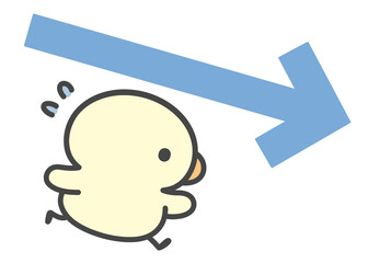 右肩下がりの矢印と走るひよこ　業績ダウン・売上低下・減少や失敗を表すビジネスイメージのシンプル手描きイラスト © Nitomaru