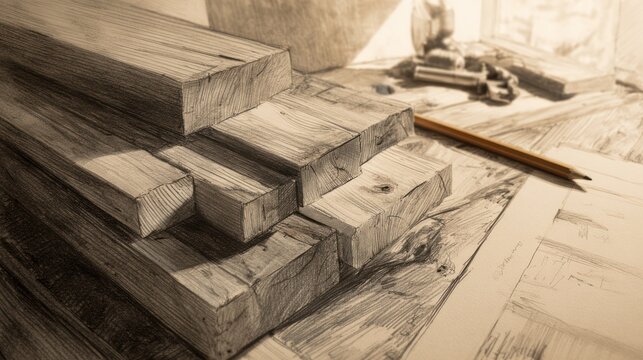 A sepia-toned sketch depicts a neatly stacked pile of rectangular wood planks resting on architectural blueprints, accompanied by a pencil and other carpentry tools