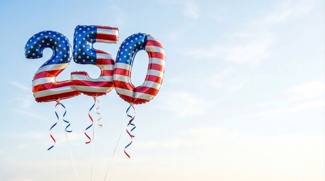 Number 50 American flag foil balloons flying in clear blue sky