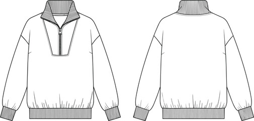 Technical Vector Line Art of a Quarter Zip Sweatshirt Front and Back View, High Collar Pullover Apparel Mockup for Design Template © Mdjoshel 