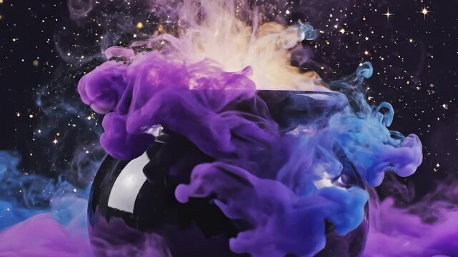 Magic cauldron with colorful smoke