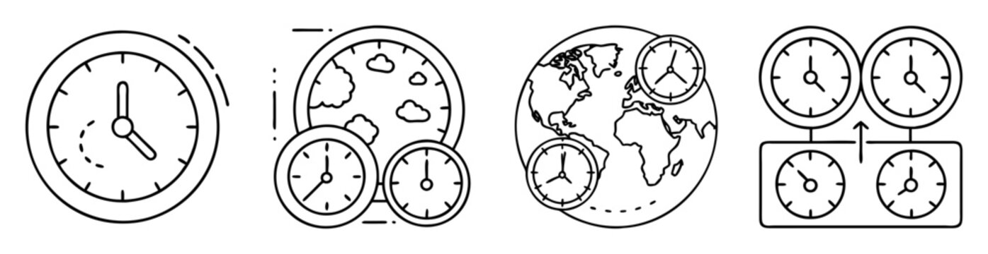 Time around the world, clocks, earth and time management outline vector