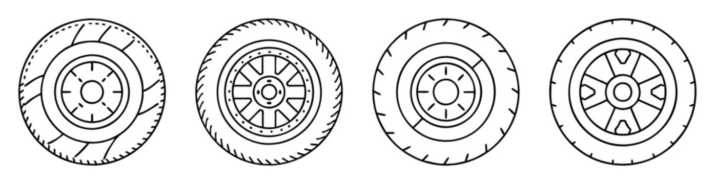 Four different tire designs with unique tread patterns and rim styles