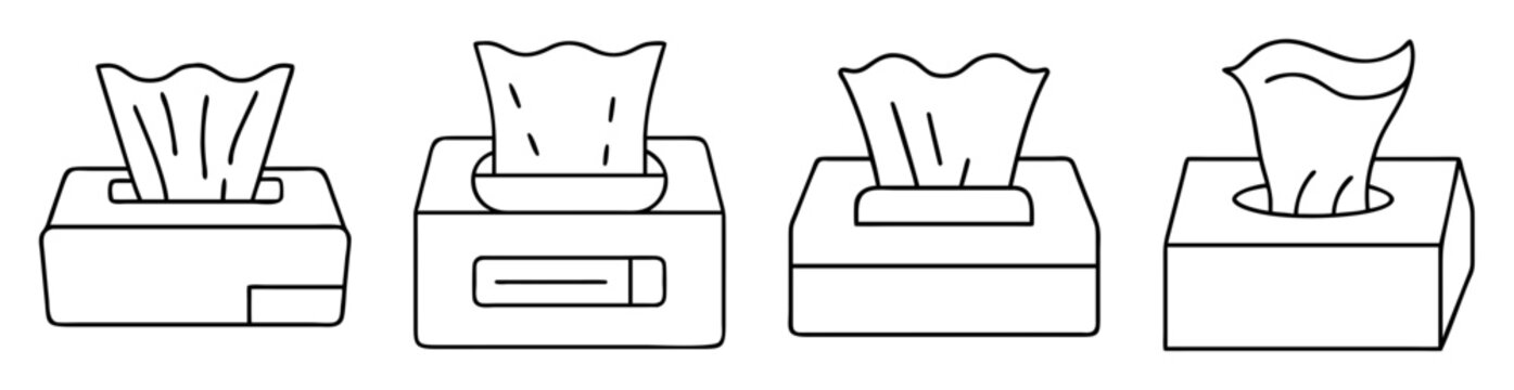 Black and white outline illustrations of four different tissue boxes with tissues