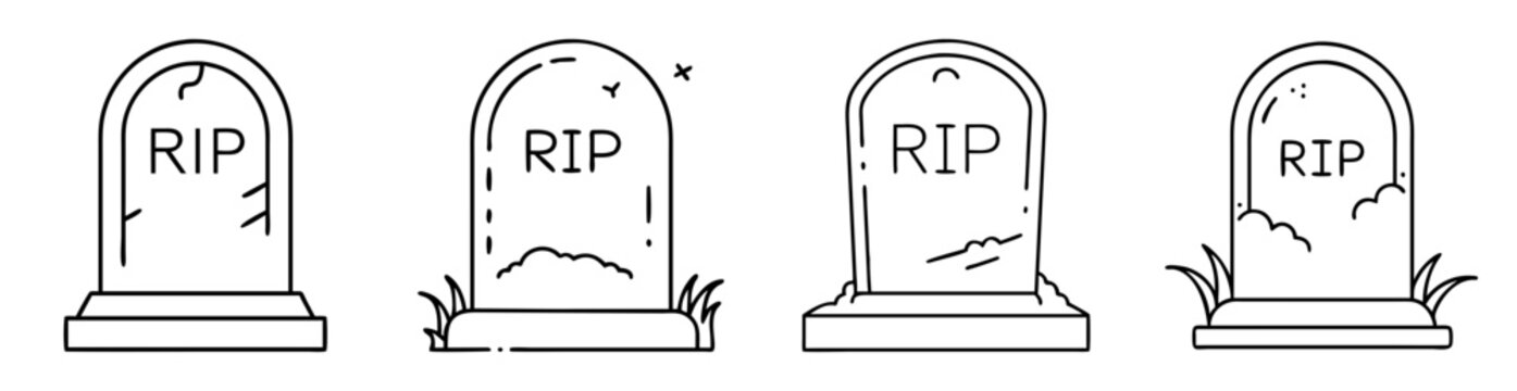 Four variations of simple black and white gravestones with RIP inscription