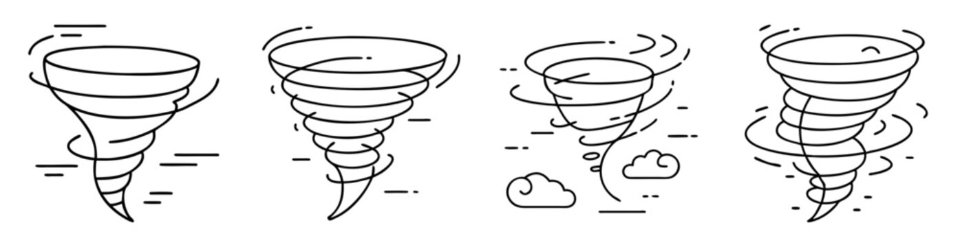 Four Tornado Icons in a Line Art Style with Clouds and Wind