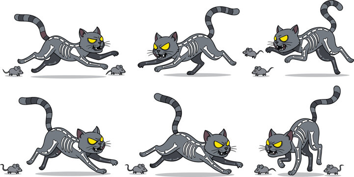 Scary zombie cat set with skeleton bones chasing mice halloween spooky kitten character kit cad drawing flat vector illustration isolated on white background.