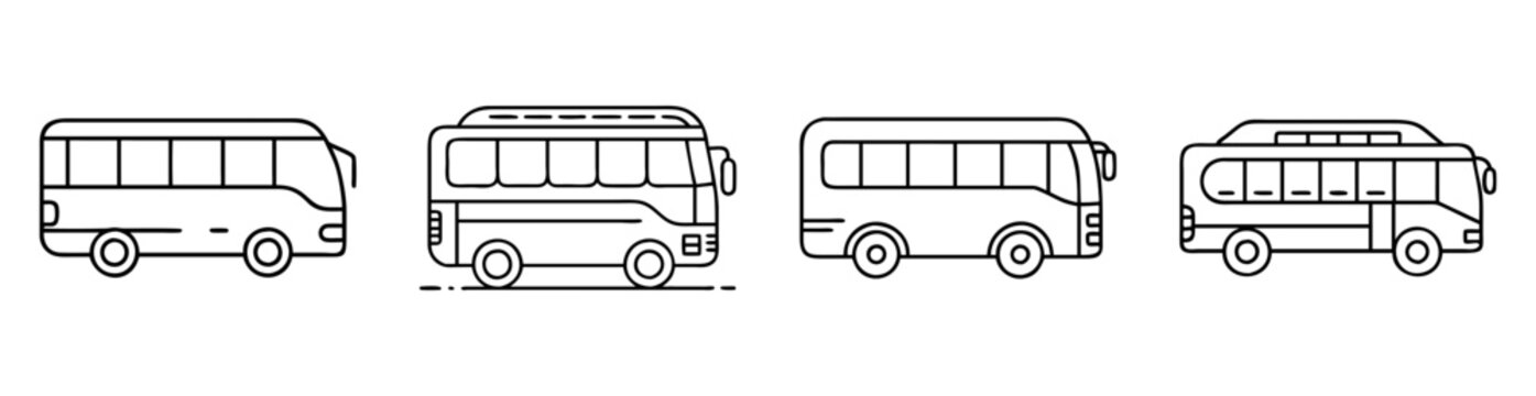 Different bus line drawings in simplistic black and white outline style