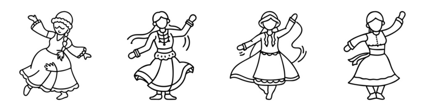 Outline illustrations of women wearing folk costumes in various dancing poses