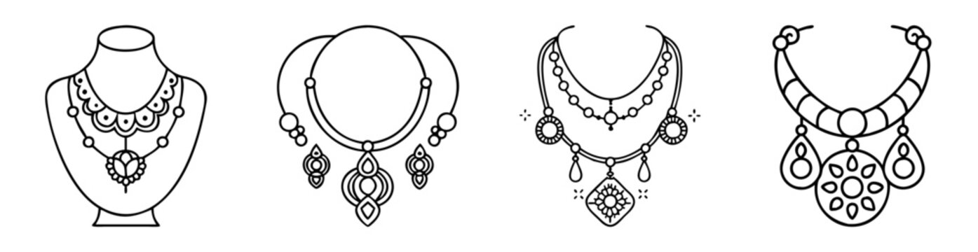 Stylized necklaces in simple black outline, jewelry design set, fashion illustration