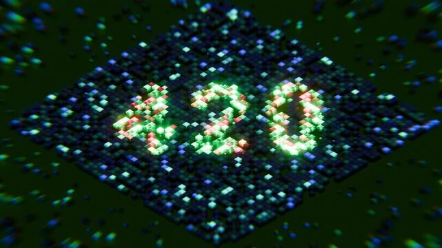 abstract 3d voxel-art video transition of scattered blocks converging to form a glowing digital array, culminating in the pixelated display of the numbers "420" on a dark green field.